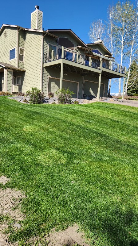 Mowed hillside lawn with crisp mowing stripes below a two-story home with deck